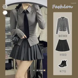 Arbeitskleider 2-teiliges Set Damen Japanischer süßer Anzug Schicke Tunika Langarmshirt Hohe Taille Falten Minirock Sets Y2k Kleidung Outfits