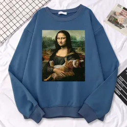 Trend einfache Frau Sweatshirt berühmtes Gemälde Mona Lisa Hold Cat Kreativität Print Hoodies Fleece weiche Pullover lose warme Tops
