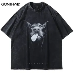 2023 Men Streetwear Hip Hop Overized T -shirt rolig Doberman Dog Graphic Tshirt Vintage Washed Black Tshirt Harajuku Tee Cotton 240320