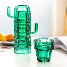 Muggar Cactus Stacking Glass Cup Set Green Glasses Juice Coffee Tea 6 PCS/Set Water Cups Gift For Drinking Suit