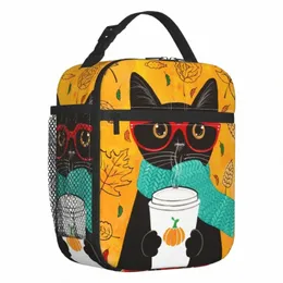 Изолированная сумка для обеда с черным котом для женщин, герметичная осенняя сумка с тыквой и кофе, термохолодильник, ланч-бокс, офисная работа, школа g8OS #