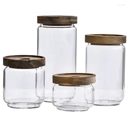 Förvaringsflaskor Acacia Wood High Borosilicate Glass Jar Kitchen Grain Transparent tätat Torkad fruktsnackflaska