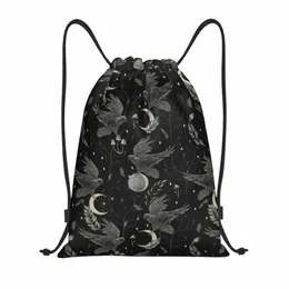 Crow Mo Drawstring ryggsäck Kvinnor Män sport Gym Sackpack Foldbar Halen Spooky Witch Training Bag Sack B1JV#