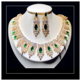 Sets Fine Jewelry Sets for Women Sterling Created Emerald Cubic Zirconia Bridal Necklaces Pendants Drop Earrings Vintage Set