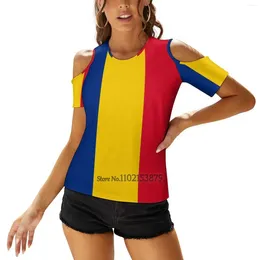 Camisetas femininas Bandeira da Romênia Mulher V Camiseta Casual Casual Sexy Hollow Out Zipper Top Top Y2K Roupas Camisetas