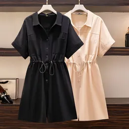 150Kg Plus Size Womens Loose Jumpsuits Bust 153 Drawstring Lapel Short Sleeves Casual Slim OnePiece Shorts 5XL 6XL 7XL 8XL 9XL 240420