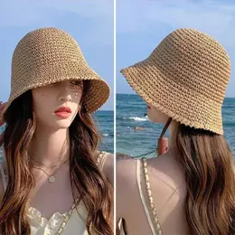 Berets UV Protection Straw Bucket Hat Women Wide Brim Foldable Panama Cappy Floppy Outside في الهواء الطلق