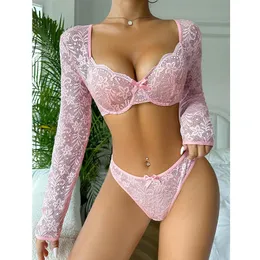 Lingerie sexy da donna trasparente in pizzo trasparente in golline abito floreale a maniche lunghe sexy da 2 pezzi Set di biancheria bianche