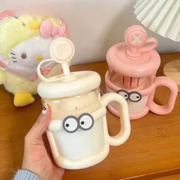 Weingläser 500 ml mit Stroh mit Rühre Löffel Cartoon Glas Tasse Leckdosen hohe temperaturfeste Milch Becher Borosilikat