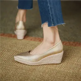 FHANCHU Autumn Leather ShoesWomen Platform PumpsStraw Wedges High HeelsSlip OnShallowPointed Toe Gold35-40Dropship 240422