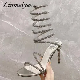 Sandaler Luxury High Heels Women Crystal Snake Twine Around Ankle Strap Runway Shoes Summer Sexy Stiletto Gladiator Woman