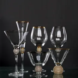 نظارات النبيذ الأحمر الإبداعي مع الماس حافة الحافة الذهب كؤوتات الزجاج الشمبانيا 240430