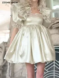 Sukienki imprezowe 2024 Słodka księżniczka jasna sztuczna jedwabna suknia balowa sukienka z koronkami koronkowe marszczenie na ramię półfraktka kobiety mini mini szata