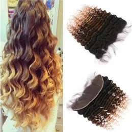 Deep Wave 1B 4 27 Honey Blonde Ombre 13x4 Full Lace Frontal Virgin Brazilian 3tone Ombre Human Hair Ear to Ear Frontal Closure1879687