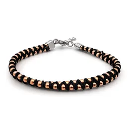 Runda mens vävda armband rostfritt stål pärlor svart rep justerbar storlek 22 cm fashionabla handgjorda pärlarmband 240426