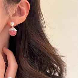 French Natural Red Pink Stone Pearl Earrings for Women Summer Cute Light Luxury High-end Trendy Charm Jewelry Accessories