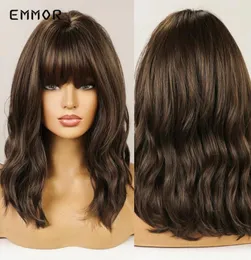 EMMOR Fluffy Brown parrucca per donne parrucche ondulate lunghe naturali con frangia in fibra resistente al calore8931593
