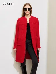 Amii minimalistyczny zima mały pachnący pachnący wełniany płaszcz dla kobiet midi luźne mieszanki tweedu modne crewneck 12344256 240428