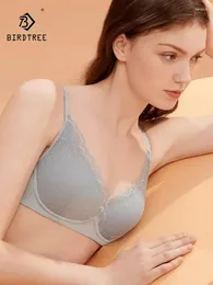 Bras Birdtree بطانة Mulberry Silk French Bra Women's Solid Wire Free Sexy Lace Triangle Cup Cup Underwear 2024 Summer P42923QC