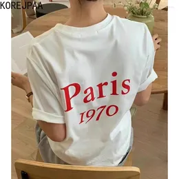 Women's T Shirts Korejpaa Korean Fashion Summer Casual French Retro O Neck Fram Back Letter Print Ladies Tops Kort ärm T-shirt Top