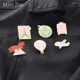 Brooches Air Balloon Enamel Pins Suitcase Origami Airplane Traveling Quote Postcard Metal Badges Gifts For Adventure Lover