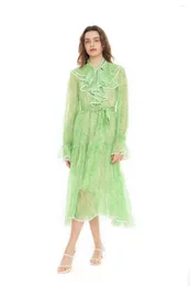 Abiti casual Donne Donne arrotolata Filare Mlassa lunga Floro Green Silk Abito