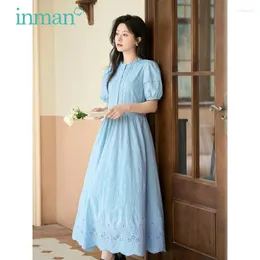 Sukienki imprezowe Inman Sukienka 2024 Summer Puff Sleeve w kształcie A w kształcie A Slim talia Pojedyncza piersi pusta koronkowa, elegancka żółta niebieska biała spódnica