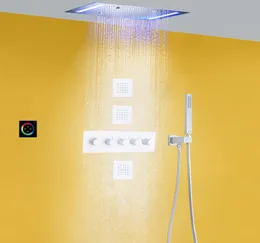 サーモスタットセット14 x 20インチ長方形の大きなステンレス鋼バスルームシャワーヘッドアトマイズ雨LEDパネルクロム真鍮メッセージ1070449