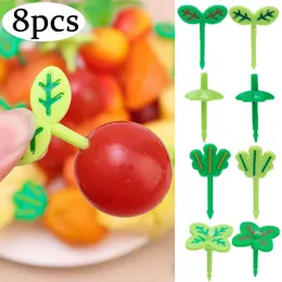 Forks 8pcs em forma de folha Fruta Mini Creative Green Leaves Snack Cake Sobremesa Picto de dente infantil Bento Decoração