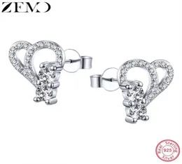 Stud Zemo Real Silver 925 Sterling Double Heart Studs Orecchini con CZ per donne che brillano Crystal Girls039 Ear Jewelry9769690