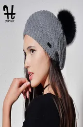 Furtalk Angola Fur Beret Hats for Women Warm Winter Women Fur Pom Pom Pom Hat Knit Beanie for Girls2677771