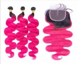 T1B Pink Ombre Virgin Brazilian Body Wave Hair With Closure 4Pcs Lot Dark Roots Two Tone Colored 3Bundles With 1Pc 4x4 Lace Closur7113567