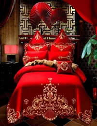 Sängkläder sätter 46 st lyx lycka bröllop röd kung drottning 100cotton kinesisk broderi täcke täcke lakan kuddar8352095