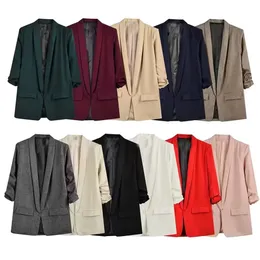 Spring Women Casual i wszechstronne Temperament Pletedowe rękawy z podwójnymi kieszeniami Solid Kolor Suit Losowa kurtka 240424