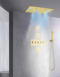 Brushed Rainfall LED Shower System Set 14 X 20 Inch Ceiling Mounted Rectangle Large Bathroom Luxury Atomizing Rain Brass Thermosta6497949