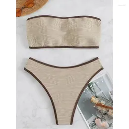 Women's Swimwear Contrast Binding Bandeau Bikinis Set Women Sexy Thong Swimsuit Push Up Female Bathing Suit Swimming Summer Beachwear