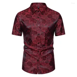 Men's Dress Shirts Wine Red Floral Rose Print Summer Social Short Sleeve For Men Stylish Party Banquet Chemise Hombre