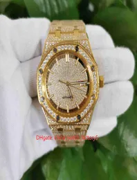 Artiklar KVALITETS Titta på 41mm 15502 Full Diamond Gem Beze Armband 18K Yellow Gold Transparent Mechanical Automatic Mens Watch6818189