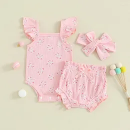 Одежда наборы сладкого стиля детская одежда детские шорты наряда наряды с цветочным рукавом с рукавом с волосами 3pcs детские костюмы