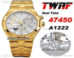 TWAF Overseas Dual Time 47450 A1222 Automatic Mens Watch 18K Yellow Gold Power Reserve Silver Dial Stick Stainless Steel Bracelet 1662342