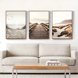 3PCS Frameless Nature Seascape Canvas Painting Grass Bridge Beach Sunset Wall Art Poster Modern Nordic PrintsPicture Home Decor 240425