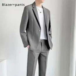 S-5XL Yüksek Kaliteli Erkek Takım Beyler Basit İş Gündelik Uyum Takımları 2 Parça Set Klasik Düz Renkli Ceket Blazer Pantolon 240423