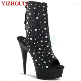 Dance Shoes 15cm Thin Heel High Heels For Women Stage Performance Ankle Boots Spring/summer Rivet Decoration