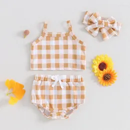 Kläder sätter ewodos spädbarnsflicka sommarkläder rutiga tryck ärmlösa cami-toppar med shorts och pannband 3 datorer i 0-18 månader