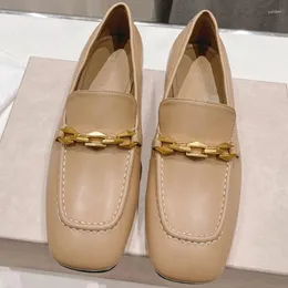 Casual Shoes Baeromad Fashion Designer Office Lady Summer Khaki Loafers Women's Square Toe Metal Chain Shallow Mouth Low Heeled