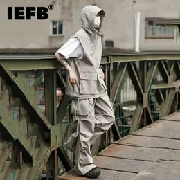 IEFB Mens Moda Kapşonlu Kolsuz Delek Setleri Yaz Modaya Dönüşlü Yelekli Yu Ceket Geniş Bacak Kargo Pantolonu İki Parça Takım 9c714 240424