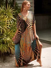 Basic Casual Kleider Sommer Bohomian gedruckt Plus Size Beach Kaftans Damen Elegant Side Split Long Rock2405