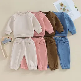 Roupas conjuntos de crianças meninas meninas meninas cairam roupas ativas casuais cor sólida 2pcs roupas de manga comprida coloras de pescoço e calça crianças