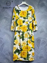 Abiti per feste Seqinyy Silk Dress Abito giallo Vintage Flower Print Summer Spring Fashion Design Women Runway High-Line Holiday