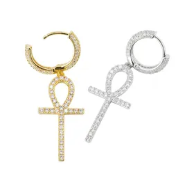 Nya Ice Out Hip Hop Ankh Cross Earring Goldsilver Color Plated Micro Pave Cubic Zircon Stones Egyptian Life of Life Earrings For W9263245